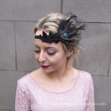 Black Feather Headpiece 1920s Headband Flapper Fascinator Vtg Great Gatsby Hair Band